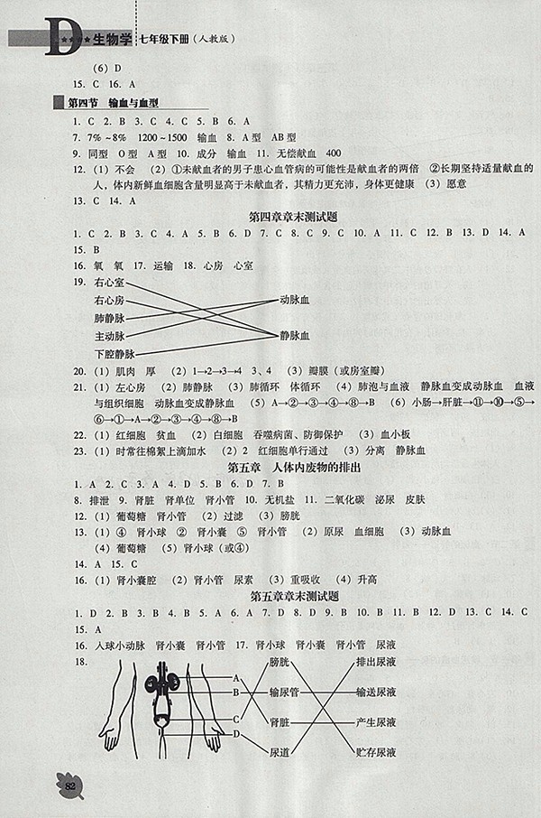 2018年人教版D版新課程生物學能力培養(yǎng)七年級下冊參考答案