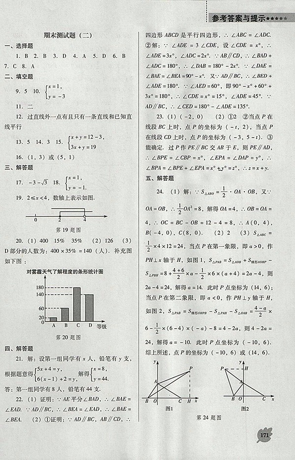 2018年人教版D版新課程數(shù)學(xué)能力培養(yǎng)七年級(jí)下冊(cè)參考答案