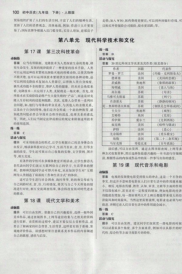 最新版義務(wù)教育教科書人教版九年級世界歷史下冊參考答案