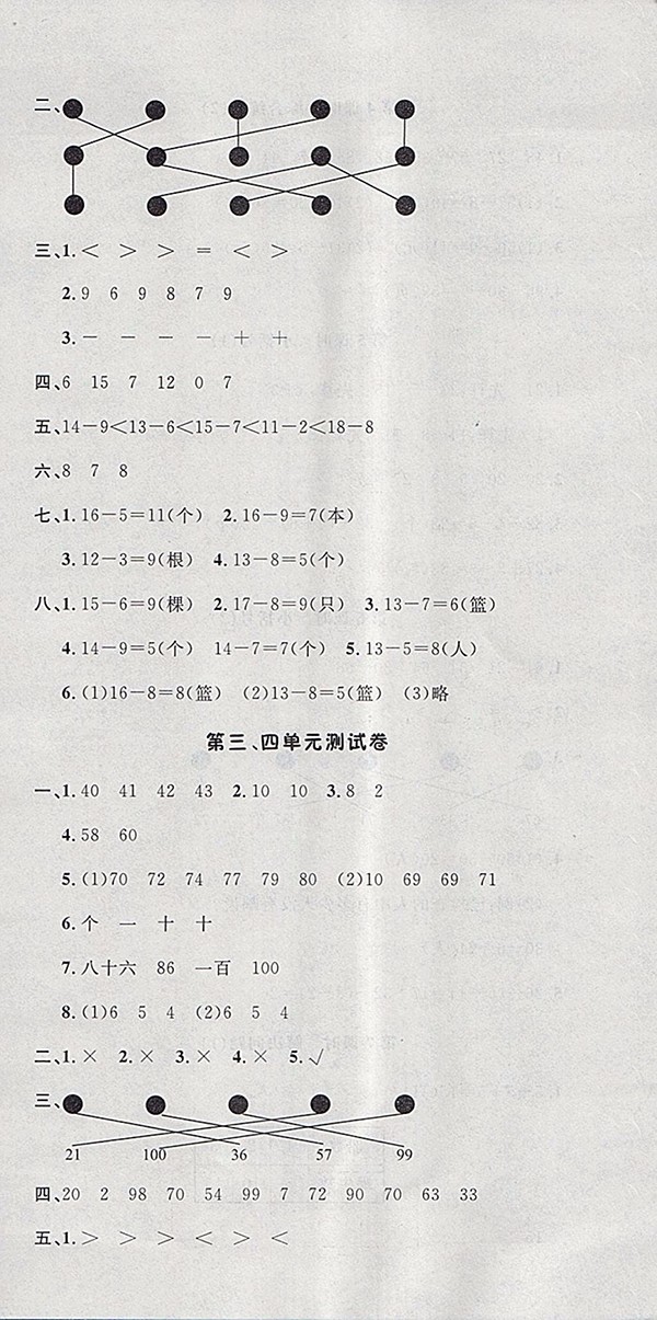 2018人教版非常1加1一課一練數(shù)學(xué)一年級(jí)下冊(cè)參考答案