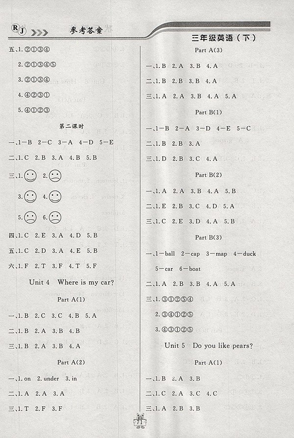 2018人教版狀元陪練課時(shí)優(yōu)化設(shè)計(jì)英語(yǔ)三年級(jí)下冊(cè)參考答案