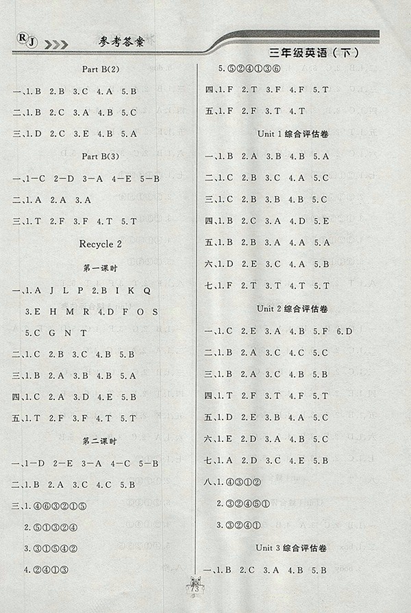 2018人教版狀元陪練課時(shí)優(yōu)化設(shè)計(jì)英語(yǔ)三年級(jí)下冊(cè)參考答案