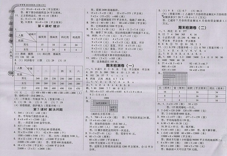 2018人教版綜合應(yīng)用創(chuàng)新題典中點(diǎn)數(shù)學(xué)三年級(jí)下冊(cè)參考答案