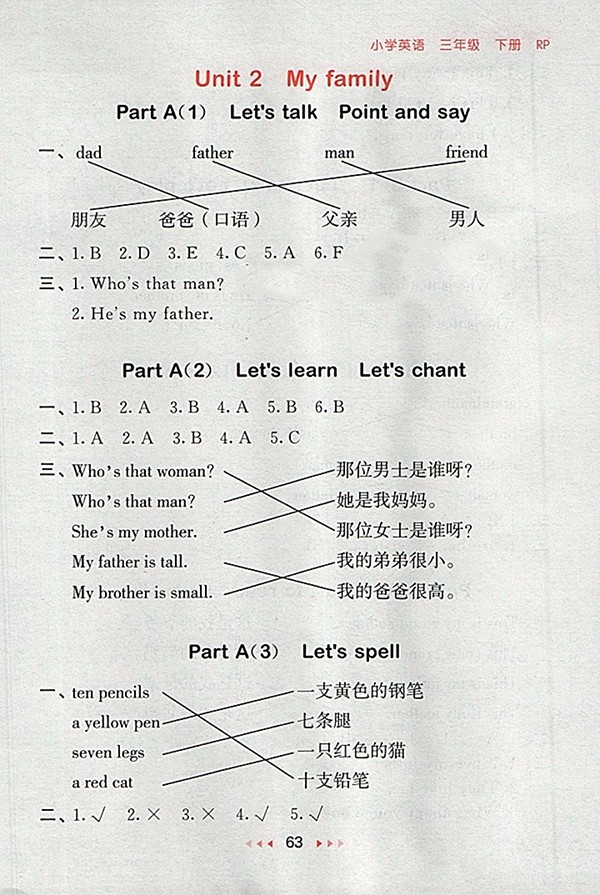 2018人教PEP版53隨堂測(cè)英語(yǔ)小學(xué)三年級(jí)下冊(cè)參考答案