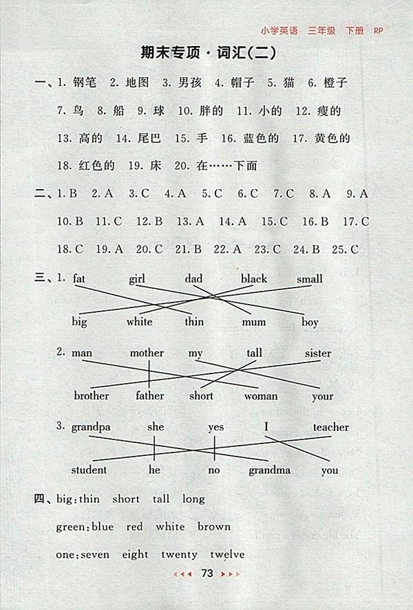 2018人教PEP版53隨堂測(cè)英語(yǔ)小學(xué)三年級(jí)下冊(cè)參考答案