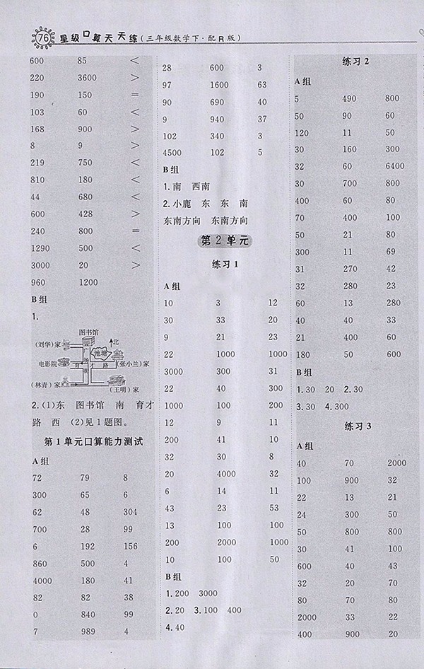 2018人教版星級口算天天練數(shù)學(xué)三年級下冊參考答案