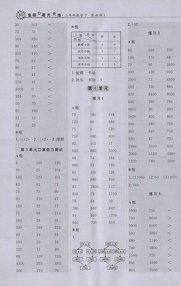 2018人教版星級口算天天練數(shù)學(xué)三年級下冊參考答案