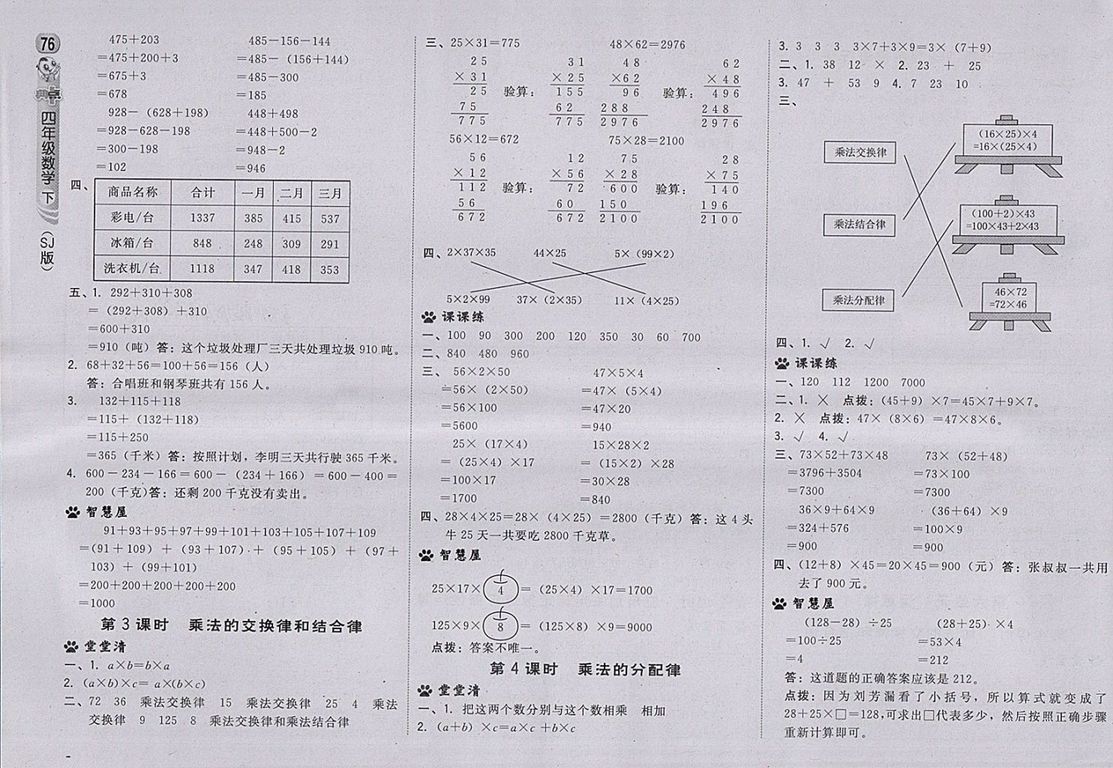 2018蘇教版綜合應用創(chuàng)新題典中點數(shù)學四年級下冊參考答案