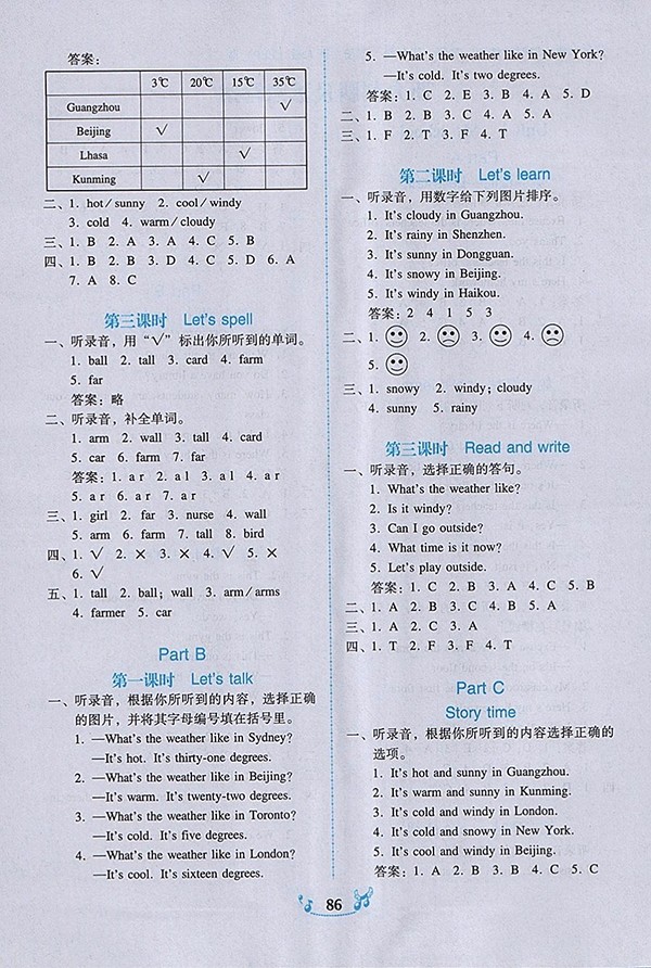 2018人教PEP版百年學典課時學練測英語四年級下冊參考答案