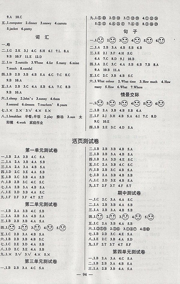 2018人教PEP版創(chuàng)優(yōu)作業(yè)100分導(dǎo)學(xué)案英語(yǔ)四年級(jí)下冊(cè)參考答案