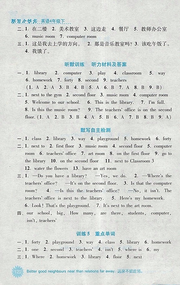 2018人教版默寫(xiě)小狀元小學(xué)英語(yǔ)四年級(jí)下冊(cè)參考答案