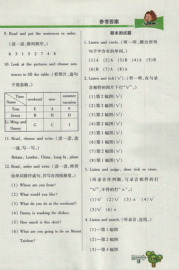 2018五四制魯科版快樂(lè)學(xué)習(xí)一點(diǎn)通英語(yǔ)四年級(jí)下冊(cè)參考答案