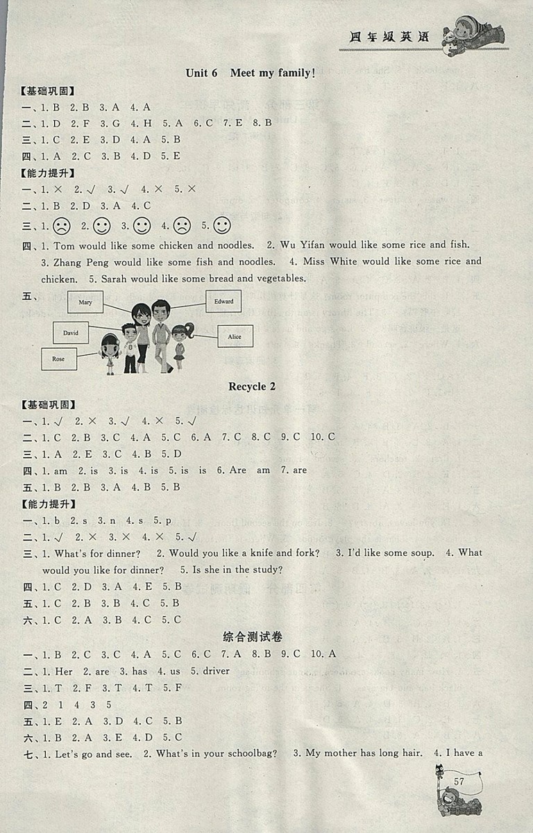 2018人教PEP版寒假大串聯(lián)英語四年級參考答案