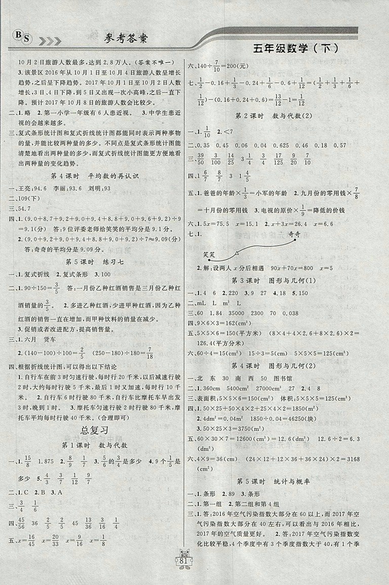 2018年北師大版狀元陪練課時(shí)優(yōu)化設(shè)計(jì)五年級(jí)數(shù)學(xué)下冊(cè)參考答案