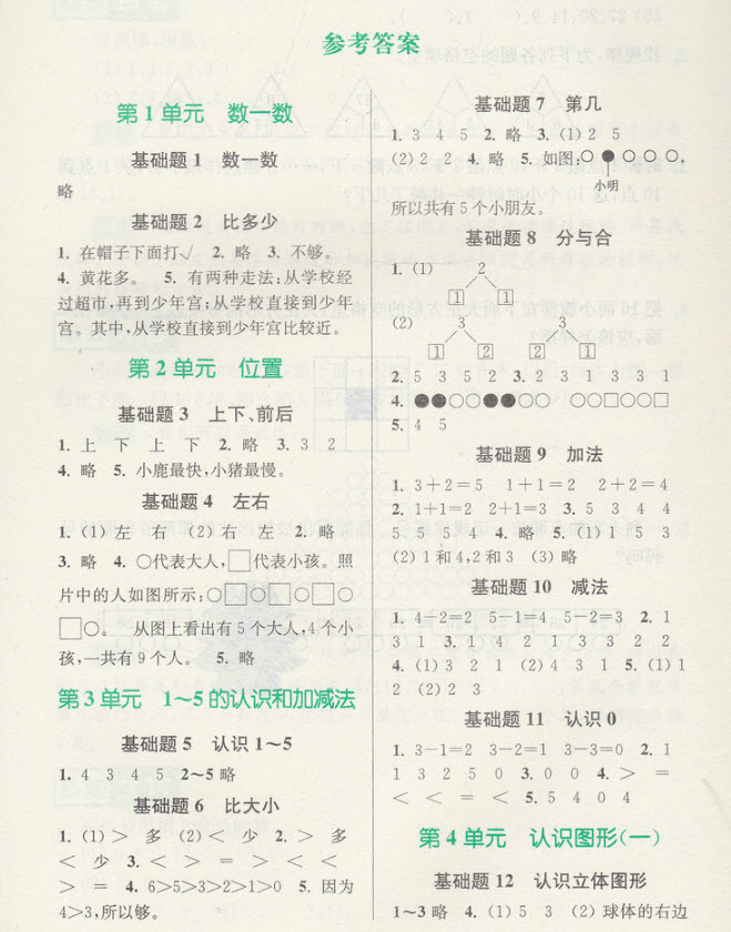 2018年津橋教育數學優(yōu)等生基礎題舉一反三一年級參考答案