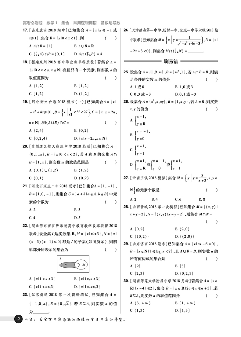 2019高考必刷題數(shù)學(xué)1集合常用邏輯用語函數(shù)與導(dǎo)數(shù)參考答案