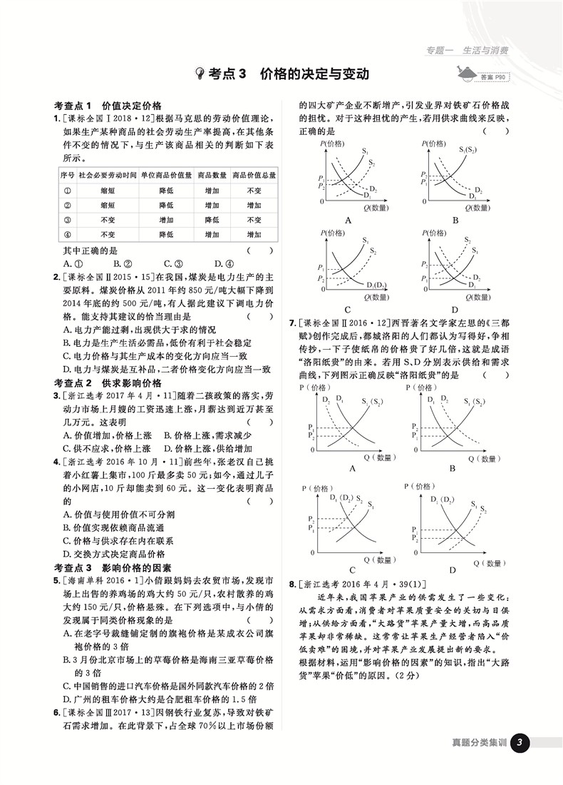 2019高考必刷題政治真題分類訓(xùn)練參考答案