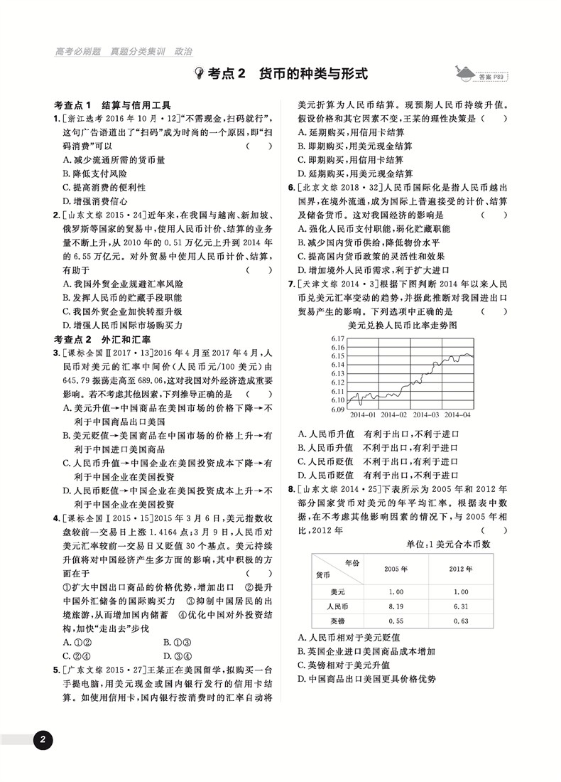 2019高考必刷題政治真題分類訓(xùn)練參考答案