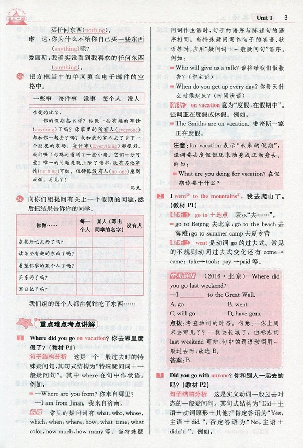 2019年人教版三點(diǎn)一測優(yōu)等生專用八年級英語上冊參考答案