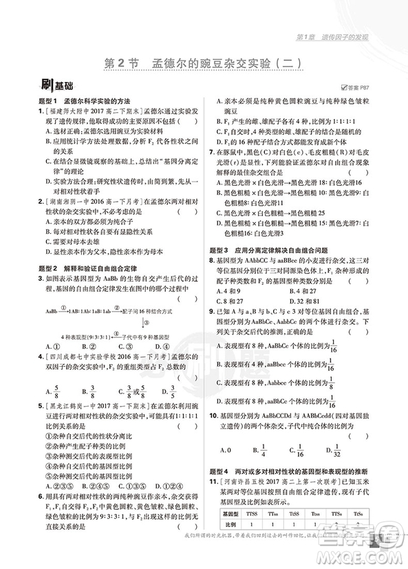 2019人教版高中必刷題生物必修2參考答案