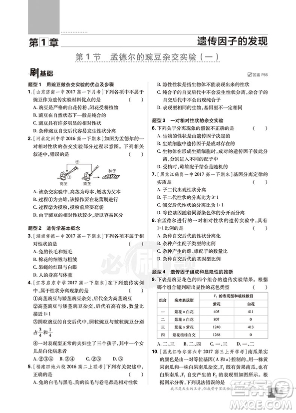 2019人教版高中必刷題生物必修2參考答案