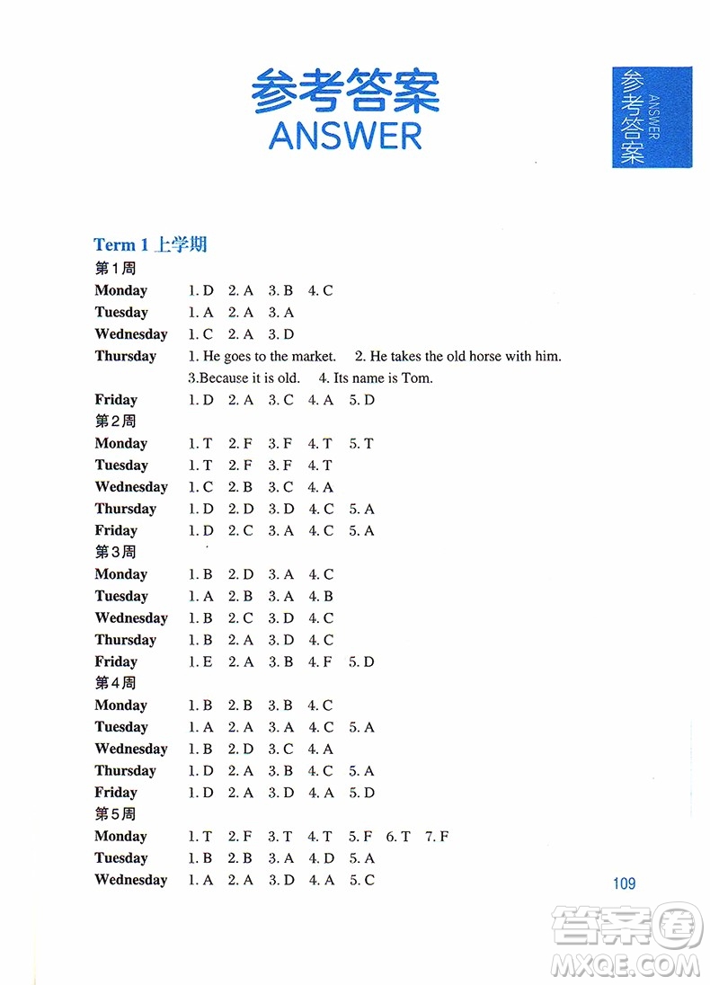 2018年周計劃小學英語閱讀強化訓(xùn)練第二版三年級參考答案