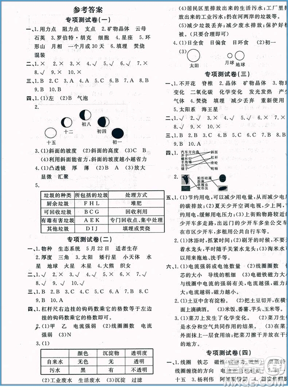 2018新版小學(xué)畢業(yè)總復(fù)習(xí)綜合測(cè)試卷科學(xué)參考答案