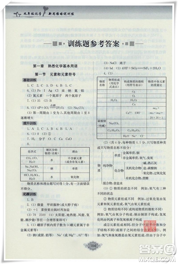 南大勵學新思維培優(yōu)訓練化學九年級參考答案