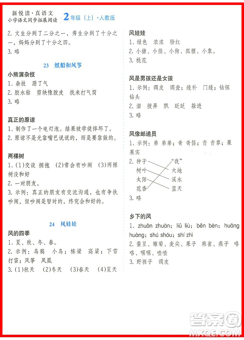 2018年小桔豆人教版小學(xué)語文同步拓展閱讀二年級上冊參考答案