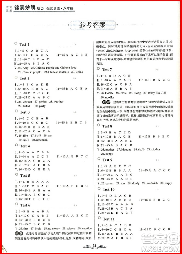 2018年八年級錦囊妙解聽力強化訓(xùn)練第9版參考答案