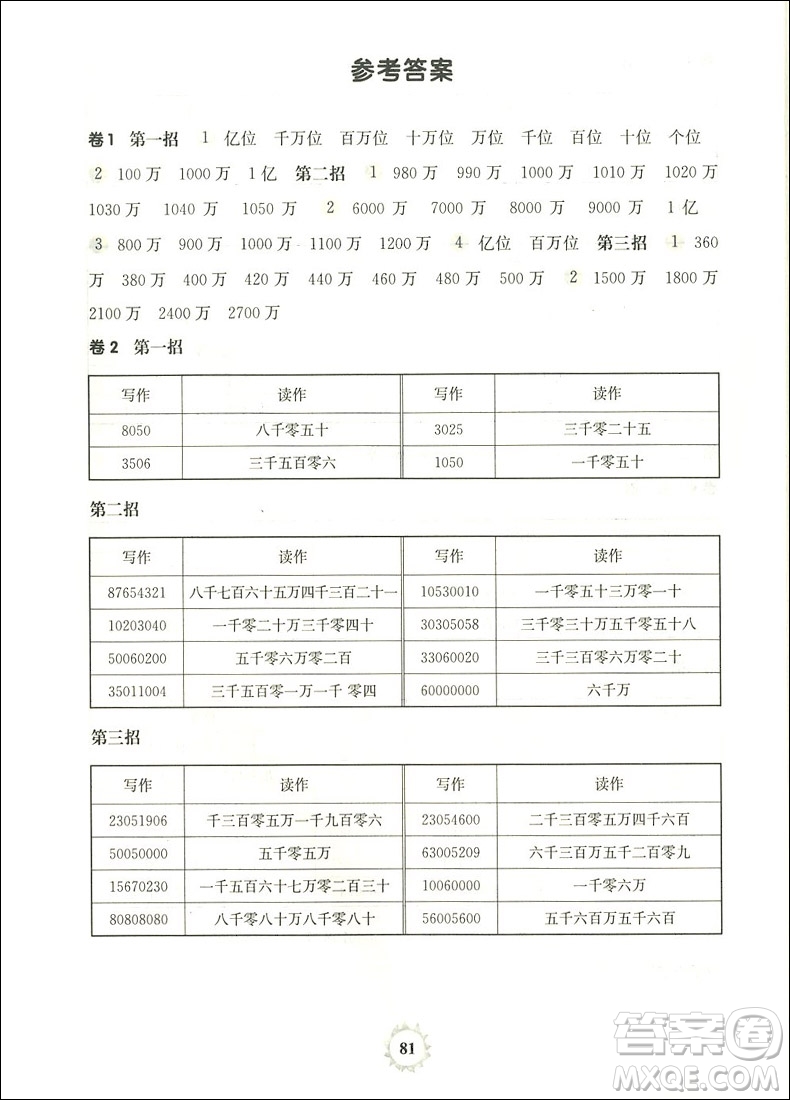 2018年四年級第一學期三招過關每日五分鐘速算參考答案