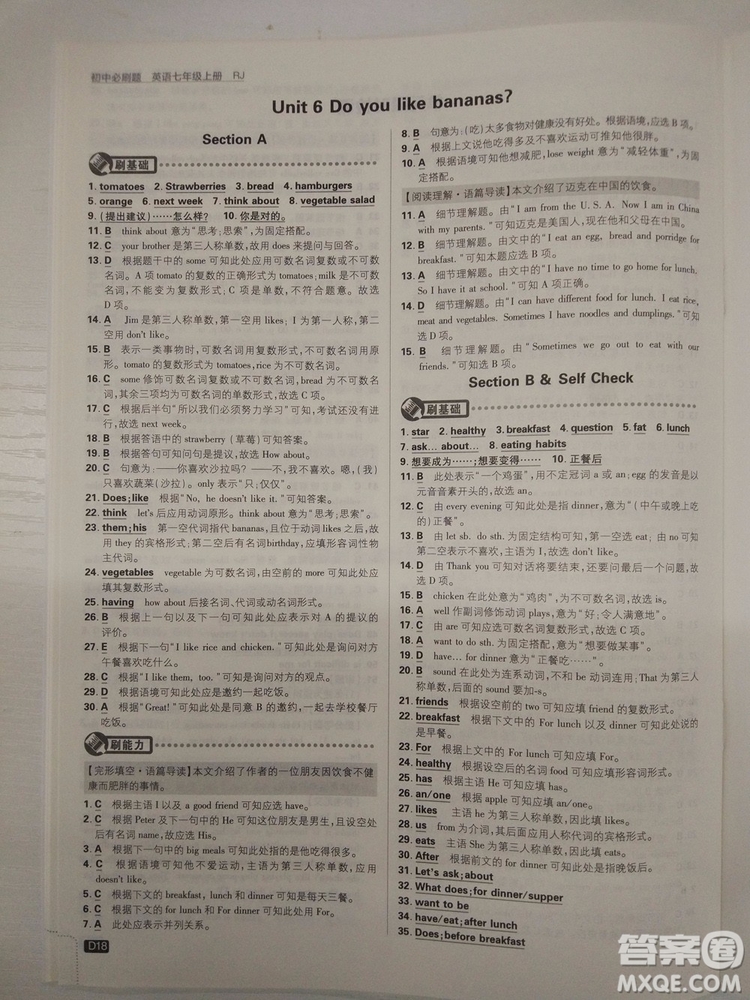 2019新版初中必刷題七年級(jí)上冊(cè)英語人教版參考答案 