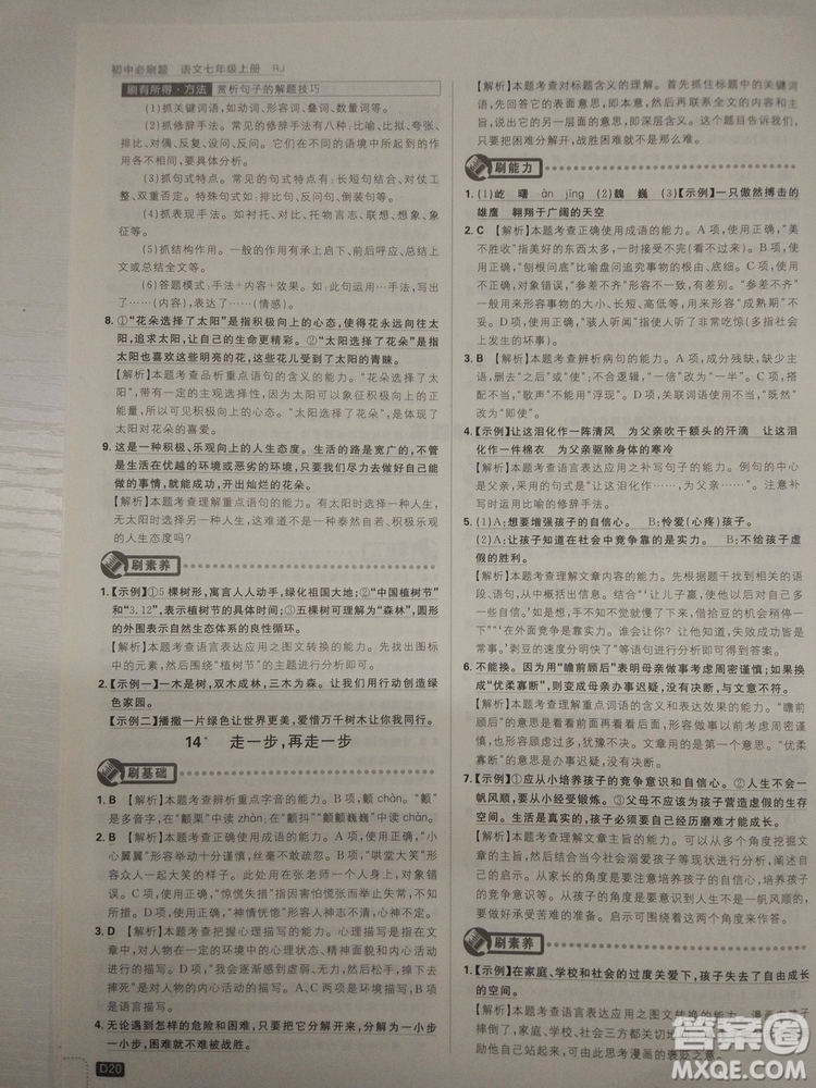 2019新版初中必刷題人教版七年級(jí)上冊(cè)語(yǔ)文參考答案