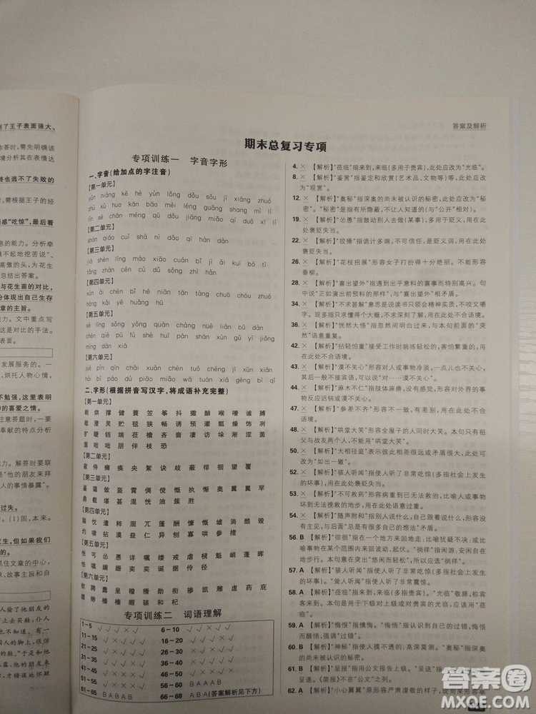 2019新版初中必刷題人教版七年級(jí)上冊(cè)語(yǔ)文參考答案