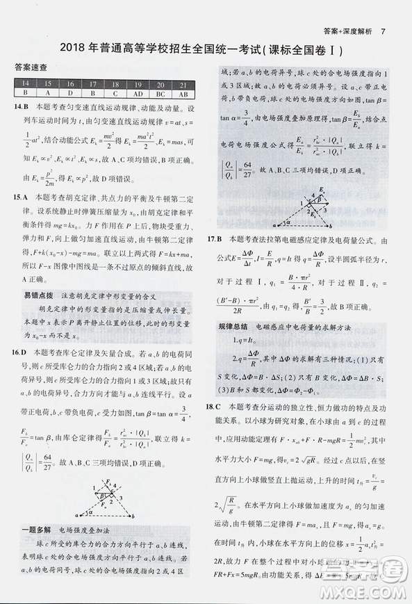 曲一線2019版一線名卷5年高考真題試卷物理全國卷參考答案