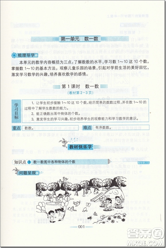 2018年名師點撥課課通教材全解析一年級數學上蘇教版參考答案