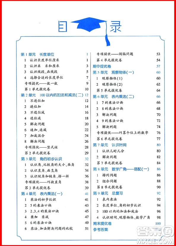 2018年人教版經(jīng)綸學典小學學霸二年級上冊數(shù)學參考答案