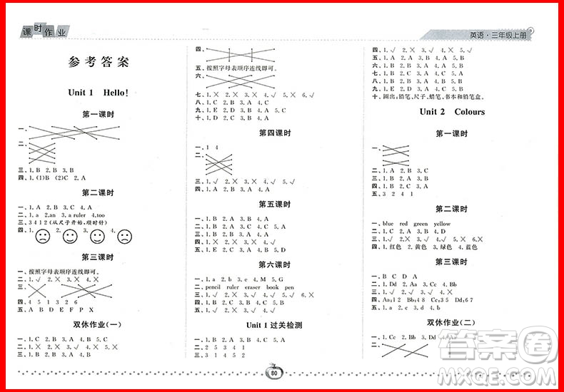 2018年英語(yǔ)人教版經(jīng)綸學(xué)典課時(shí)作業(yè)小學(xué)三年級(jí)上冊(cè)參考答案