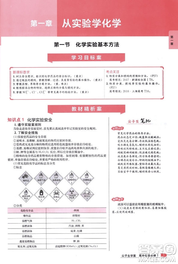 尖子生學(xué)案全新改高中化學(xué)必修一新課標(biāo)人教版2019年最新參考答案