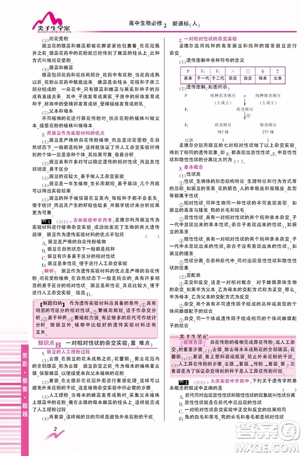 吉林人民出版社2019尖子生學(xué)案新課標人教版生物必修2參考答案