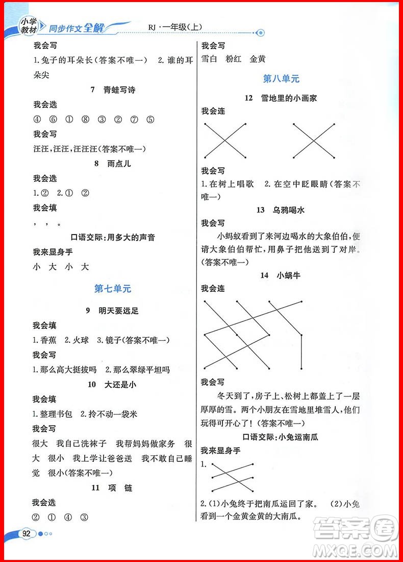 2018年人教部編版小學(xué)教材同步作文全解說話寫話 一年級(jí)上冊(cè)參考答案