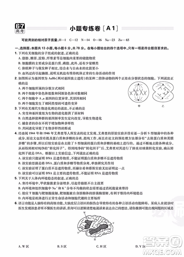 理想樹2019高考必刷卷題型小卷21套理科綜合參考答案