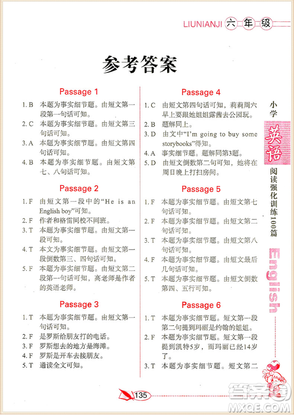 2018年六年級小學(xué)英語閱讀強(qiáng)化訓(xùn)練100篇參考答案