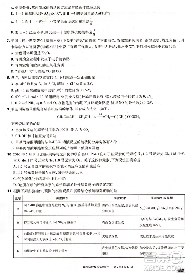 67理想樹(shù)2018高考必刷卷押題6套理科綜合全國(guó)1卷參考答案