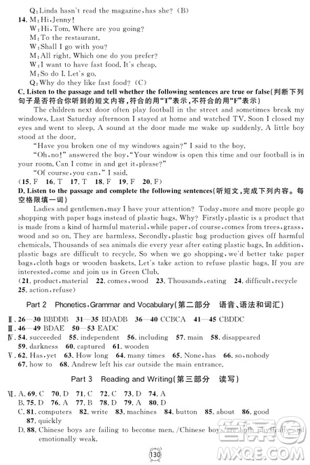 2018年鐘書金牌金試卷九年級英語N版參考答案