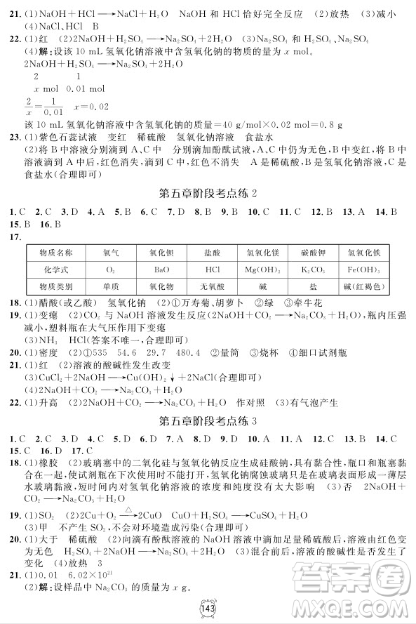 2018版鐘書金牌金試卷化學(xué)9年級上參考答案