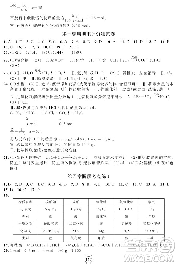 2018版鐘書金牌金試卷化學(xué)9年級上參考答案