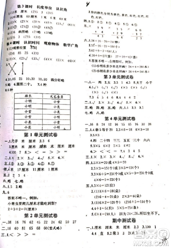 2018人教版課時(shí)練二年級上冊同步導(dǎo)學(xué)案數(shù)學(xué)參考答案