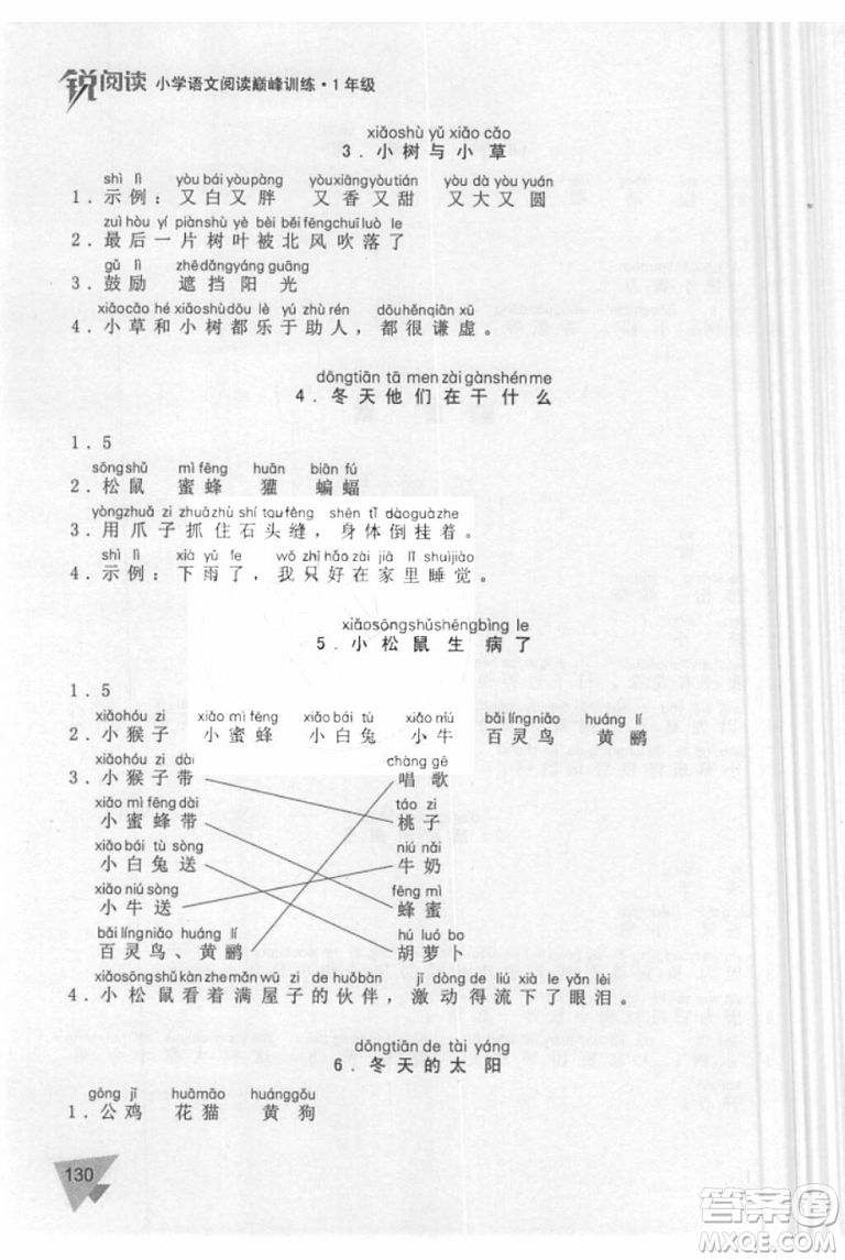 銳閱讀語文閱讀巔峰訓(xùn)練一年級語文2018年參考答案