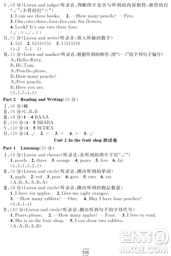 2018全新版英語(yǔ)鐘書(shū)金牌金試卷一年級(jí)上冊(cè)參考答案